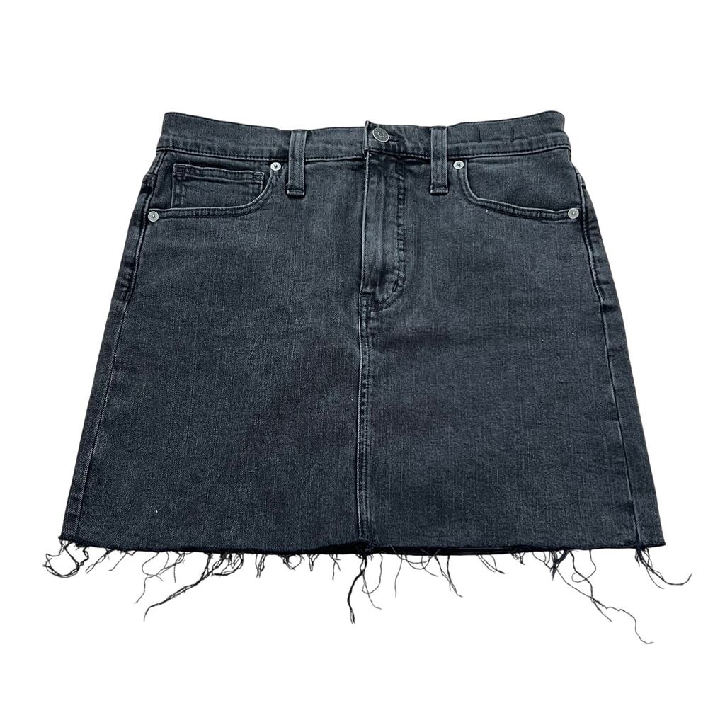 Madewell Aged Black Denim Skirt Women's Size 27 Stretch Straight‎ Raw Hem Y2K